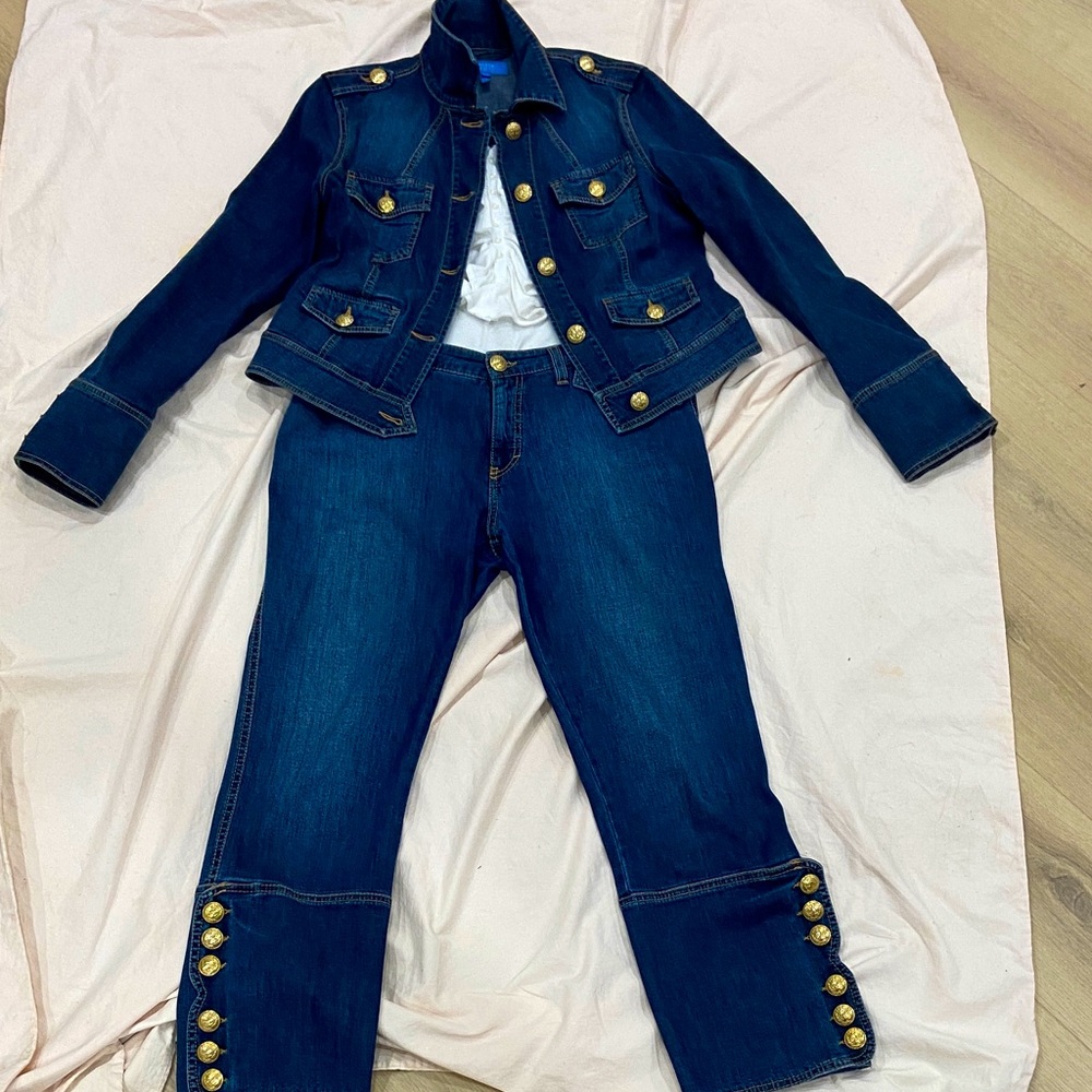 Escada Sport Denim Jacket and pants with gold buttons.